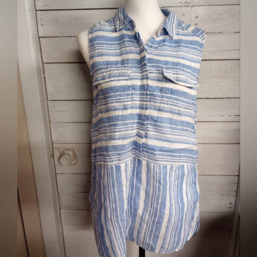 C&C California Sleeveless Tunic Top Shirt 100% Linen Blue White Striped Coastal